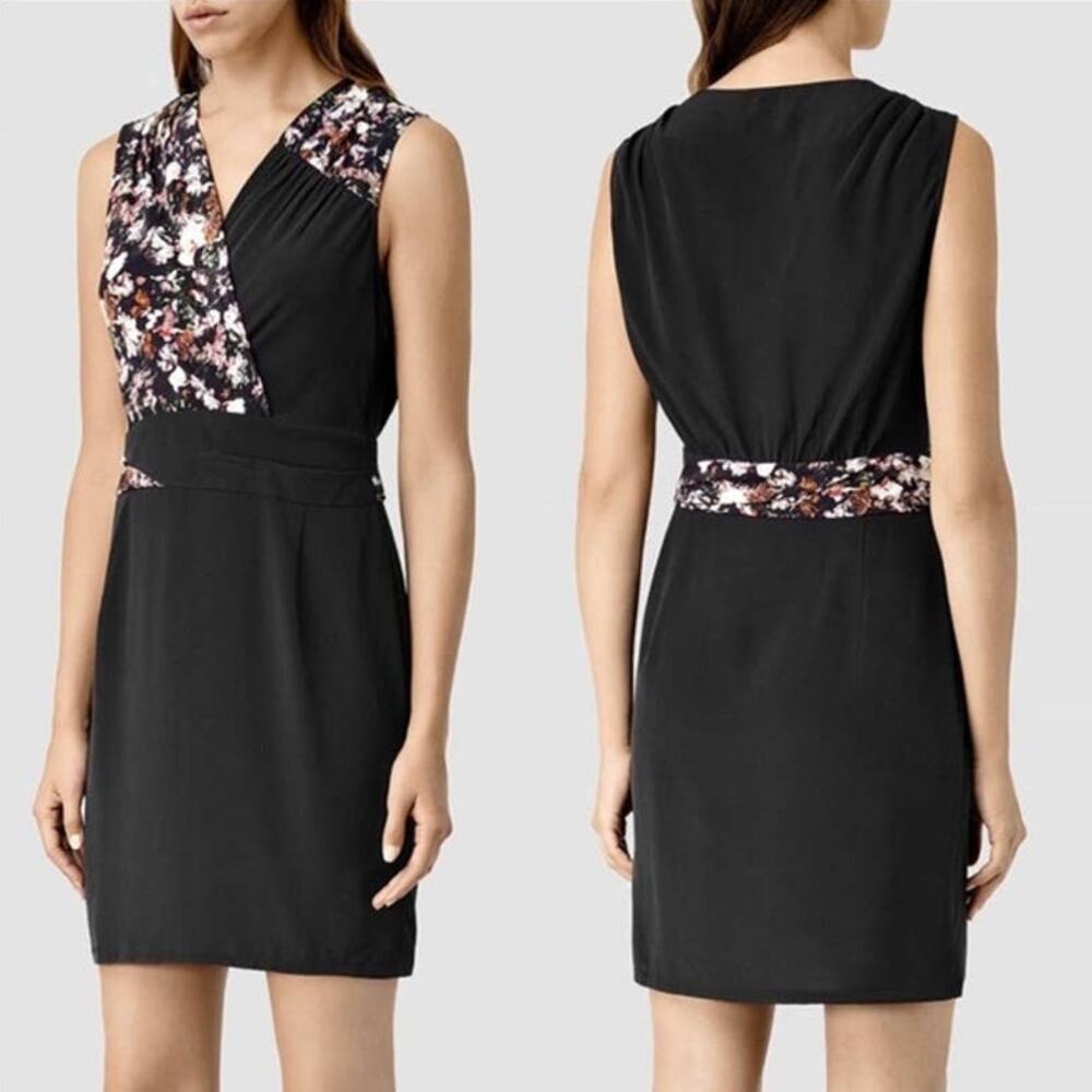 AllSaints Azure Chase Dress Night Black Floral Silk Sleeveless Italy Party